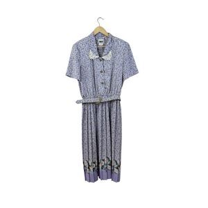 Vintage Leslie Fay 14 Midi Dress Modest Belted Floral Short Sleeve Womens